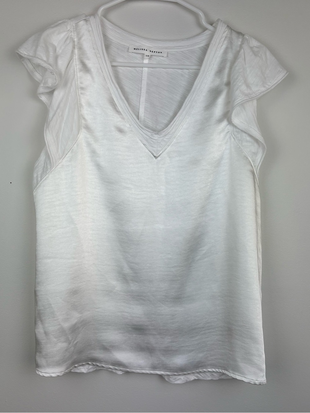MELISSA NEPTON Reni White Ruffle Sleeve Tank Sateen Large Lightweight Summer